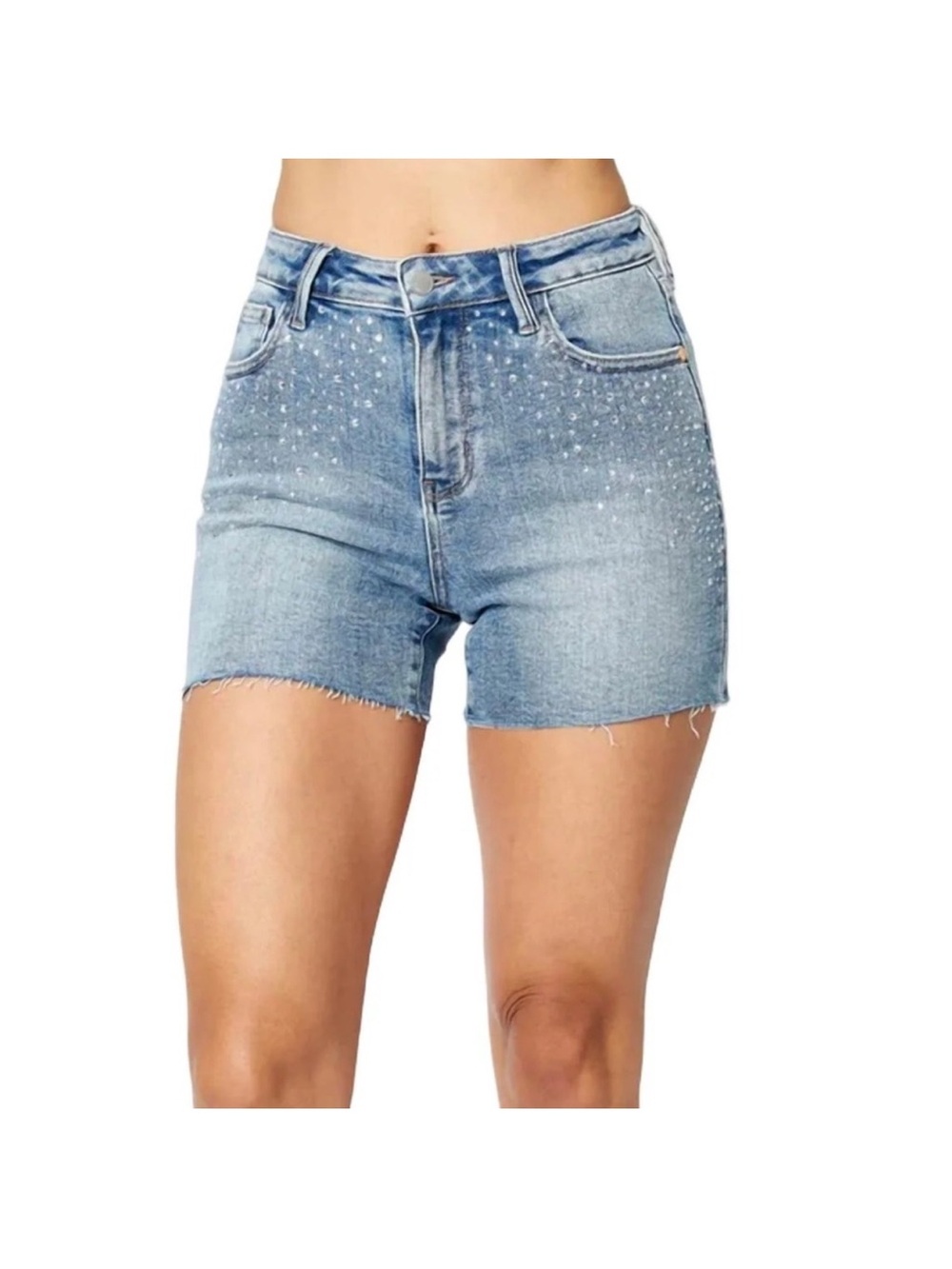 JUDY BLUE HIGH WAIST RHINESTONE EMBELLISHMENT CUT OFF JEAN SHORTS Large L EUC